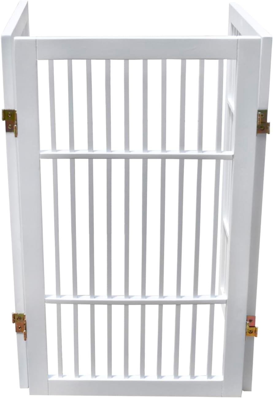Freestanding Wooden Dog Gate Foldable Indoor Pet Gate No Drill Expandable Barrier for Doorways Stairs Hallways Portable Wood Fence for Small Dogs & Puppies (Brown Pet Gate, 4 Panel 24" Tall)