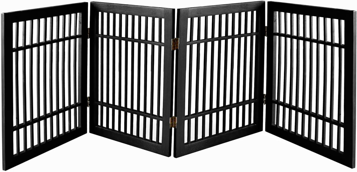 Freestanding Wooden Dog Gate Foldable Indoor Pet Gate No Drill Expandable Barrier for Doorways Stairs Hallways Portable Wood Fence for Small Dogs & Puppies (Brown Pet Gate, 4 Panel 24" Tall)