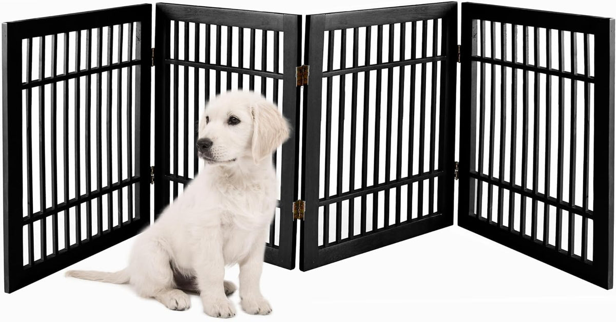 Freestanding Wooden Dog Gate Foldable Indoor Pet Gate No Drill Expandable Barrier for Doorways Stairs Hallways Portable Wood Fence for Small Dogs & Puppies (Brown Pet Gate, 4 Panel 24" Tall)
