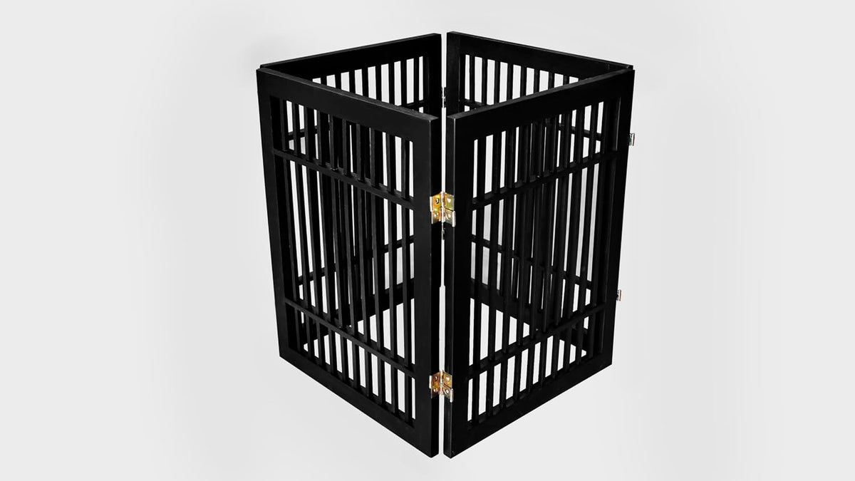 Freestanding Wooden Dog Gate Foldable Indoor Pet Gate No Drill Expandable Barrier for Doorways Stairs Hallways Portable Wood Fence for Small Dogs & Puppies (Brown Pet Gate, 4 Panel 24" Tall)