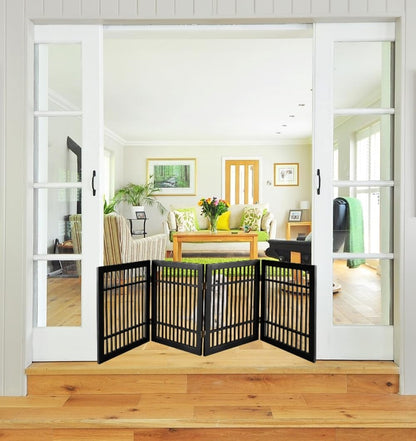 Freestanding Wooden Dog Gate Foldable Indoor Pet Gate No Drill Expandable Barrier for Doorways Stairs Hallways Portable Wood Fence for Small Dogs & Puppies (Brown Pet Gate, 4 Panel 24" Tall)