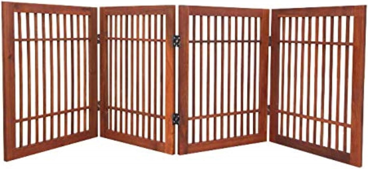 Freestanding Wooden Dog Gate Foldable Indoor Pet Gate No Drill Expandable Barrier for Doorways Stairs Hallways Portable Wood Fence for Small Dogs & Puppies (Brown Pet Gate, 4 Panel 24" Tall)