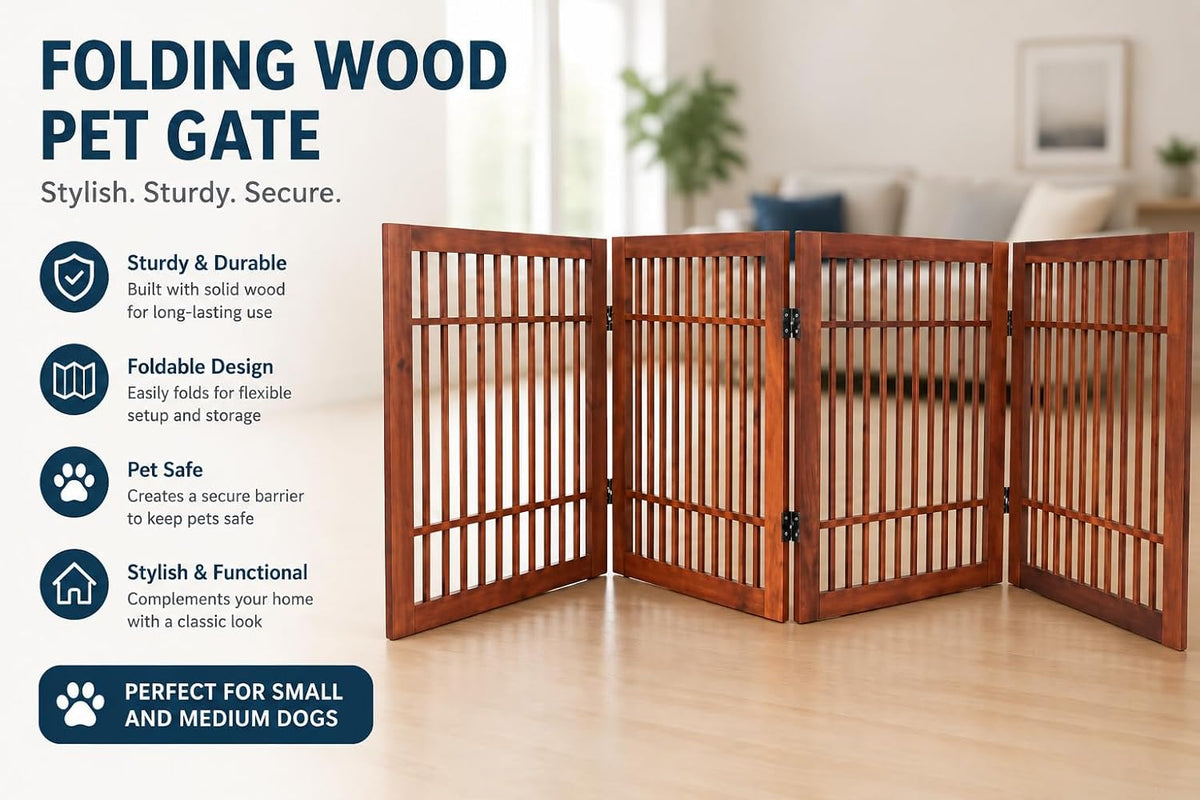 Freestanding Wooden Dog Gate Foldable Indoor Pet Gate No Drill Expandable Barrier for Doorways Stairs Hallways Portable Wood Fence for Small Dogs & Puppies (Brown Pet Gate, 4 Panel 24" Tall)
