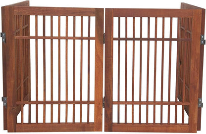 Freestanding Wooden Dog Gate Foldable Indoor Pet Gate No Drill Expandable Barrier for Doorways Stairs Hallways Portable Wood Fence for Small Dogs & Puppies (Brown Pet Gate, 4 Panel 24" Tall)