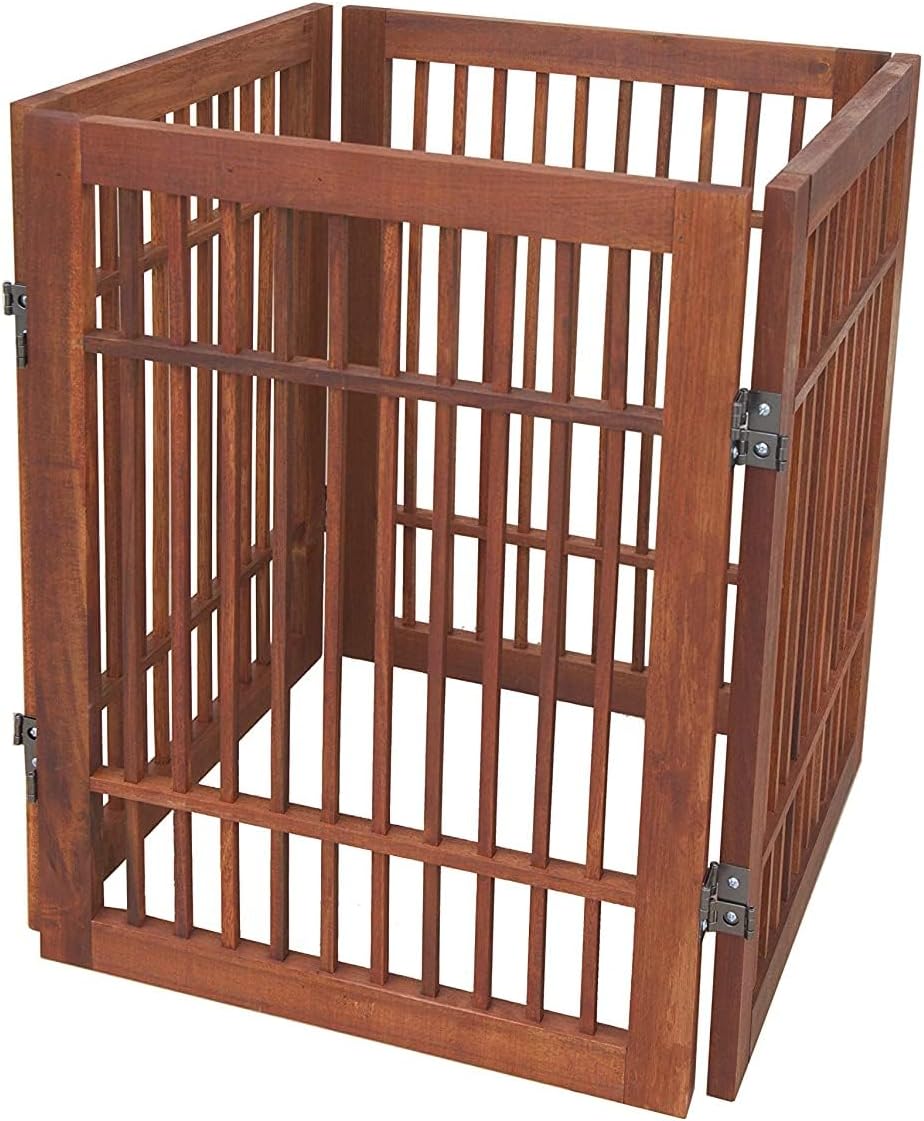 Freestanding Wooden Dog Gate Foldable Indoor Pet Gate No Drill Expandable Barrier for Doorways Stairs Hallways Portable Wood Fence for Small Dogs & Puppies (Brown Pet Gate, 4 Panel 24" Tall)