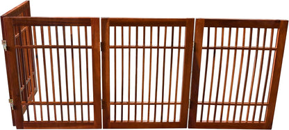 Freestanding Wooden Dog Gate Foldable Indoor Pet Gate No Drill Expandable Barrier for Doorways Stairs Hallways Portable Wood Fence for Small Dogs & Puppies (Brown Pet Gate, 4 Panel 24" Tall)