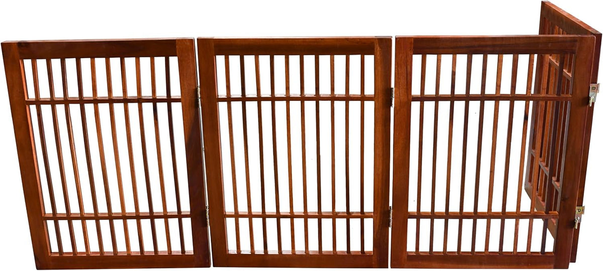 Freestanding Wooden Dog Gate Foldable Indoor Pet Gate No Drill Expandable Barrier for Doorways Stairs Hallways Portable Wood Fence for Small Dogs & Puppies (Brown Pet Gate, 4 Panel 24" Tall)