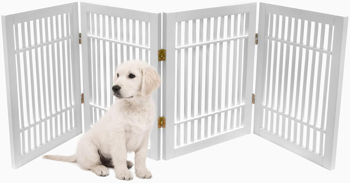 Freestanding Wooden Dog Gate Foldable Indoor Pet Gate No Drill Expandable Barrier for Doorways Stairs Hallways Portable Wood Fence for Small Dogs & Puppies (Brown Pet Gate, 4 Panel 24" Tall)