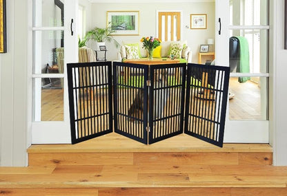 Freestanding Wooden Dog Gate Foldable Indoor Pet Gate No Drill Expandable Barrier for Doorways Stairs Hallways Portable Wood Fence for Small Dogs & Puppies (Brown Pet Gate, 4 Panel 24" Tall)