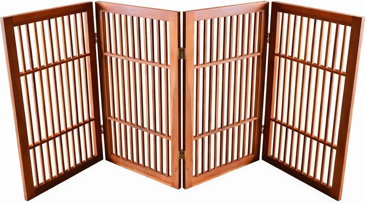 Freestanding Wooden Dog Gate Foldable Indoor Pet Gate No Drill Expandable Barrier for Doorways Stairs Hallways Portable Wood Fence for Small Dogs & Puppies (Brown Pet Gate, 4 Panel 24" Tall)