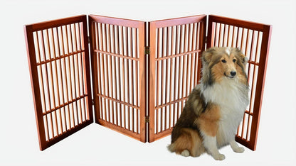 Freestanding Wooden Dog Gate Foldable Indoor Pet Gate No Drill Expandable Barrier for Doorways Stairs Hallways Portable Wood Fence for Small Dogs & Puppies (Brown Pet Gate, 4 Panel 24" Tall)