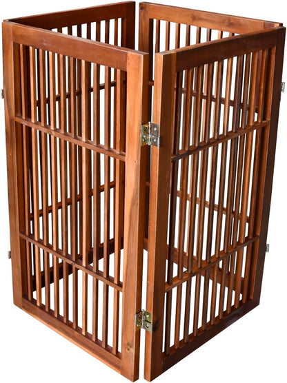 Freestanding Wooden Dog Gate Foldable Indoor Pet Gate No Drill Expandable Barrier for Doorways Stairs Hallways Portable Wood Fence for Small Dogs & Puppies (Brown Pet Gate, 4 Panel 24" Tall)