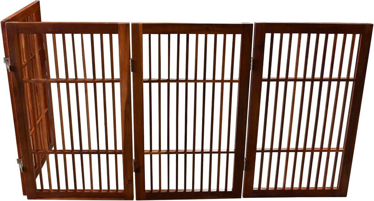 Freestanding Wooden Dog Gate Foldable Indoor Pet Gate No Drill Expandable Barrier for Doorways Stairs Hallways Portable Wood Fence for Small Dogs & Puppies (Brown Pet Gate, 4 Panel 24" Tall)