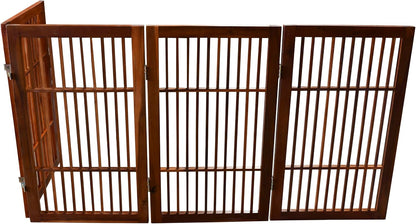 Freestanding Wooden Dog Gate Foldable Indoor Pet Gate No Drill Expandable Barrier for Doorways Stairs Hallways Portable Wood Fence for Small Dogs & Puppies (Brown Pet Gate, 4 Panel 24" Tall)