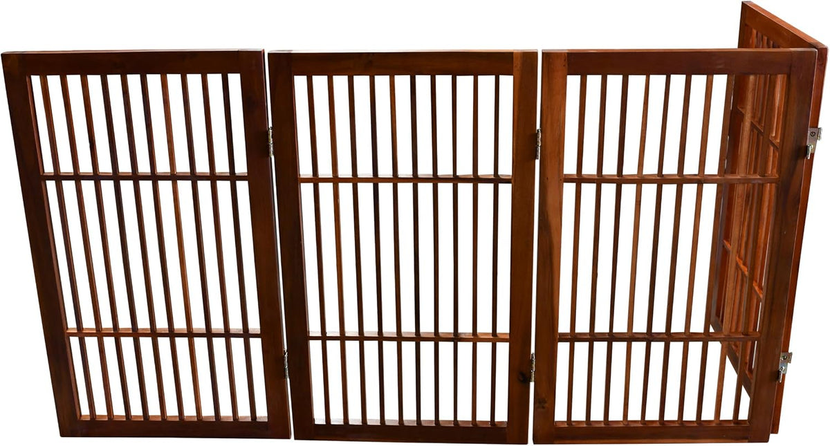 Freestanding Wooden Dog Gate Foldable Indoor Pet Gate No Drill Expandable Barrier for Doorways Stairs Hallways Portable Wood Fence for Small Dogs & Puppies (Brown Pet Gate, 4 Panel 24" Tall)