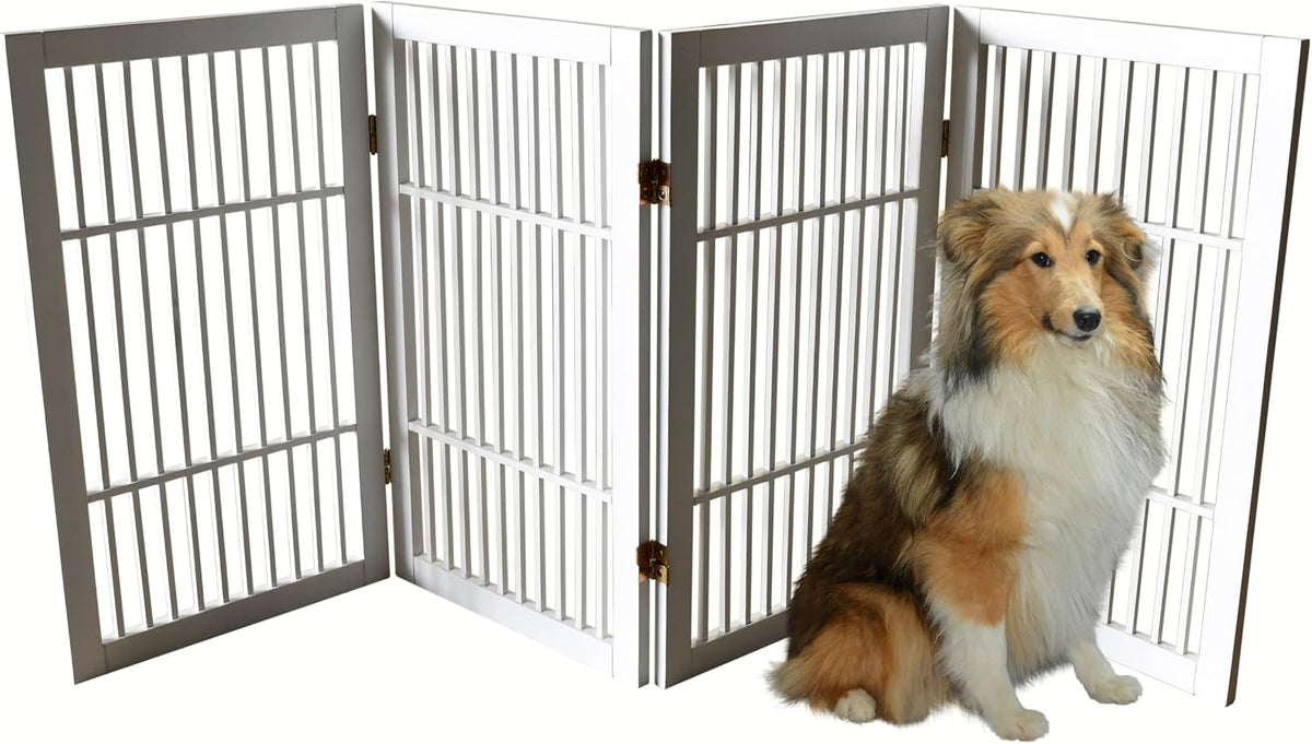 Freestanding Wooden Dog Gate Foldable Indoor Pet Gate No Drill Expandable Barrier for Doorways Stairs Hallways Portable Wood Fence for Small Dogs & Puppies (Brown Pet Gate, 4 Panel 24" Tall)