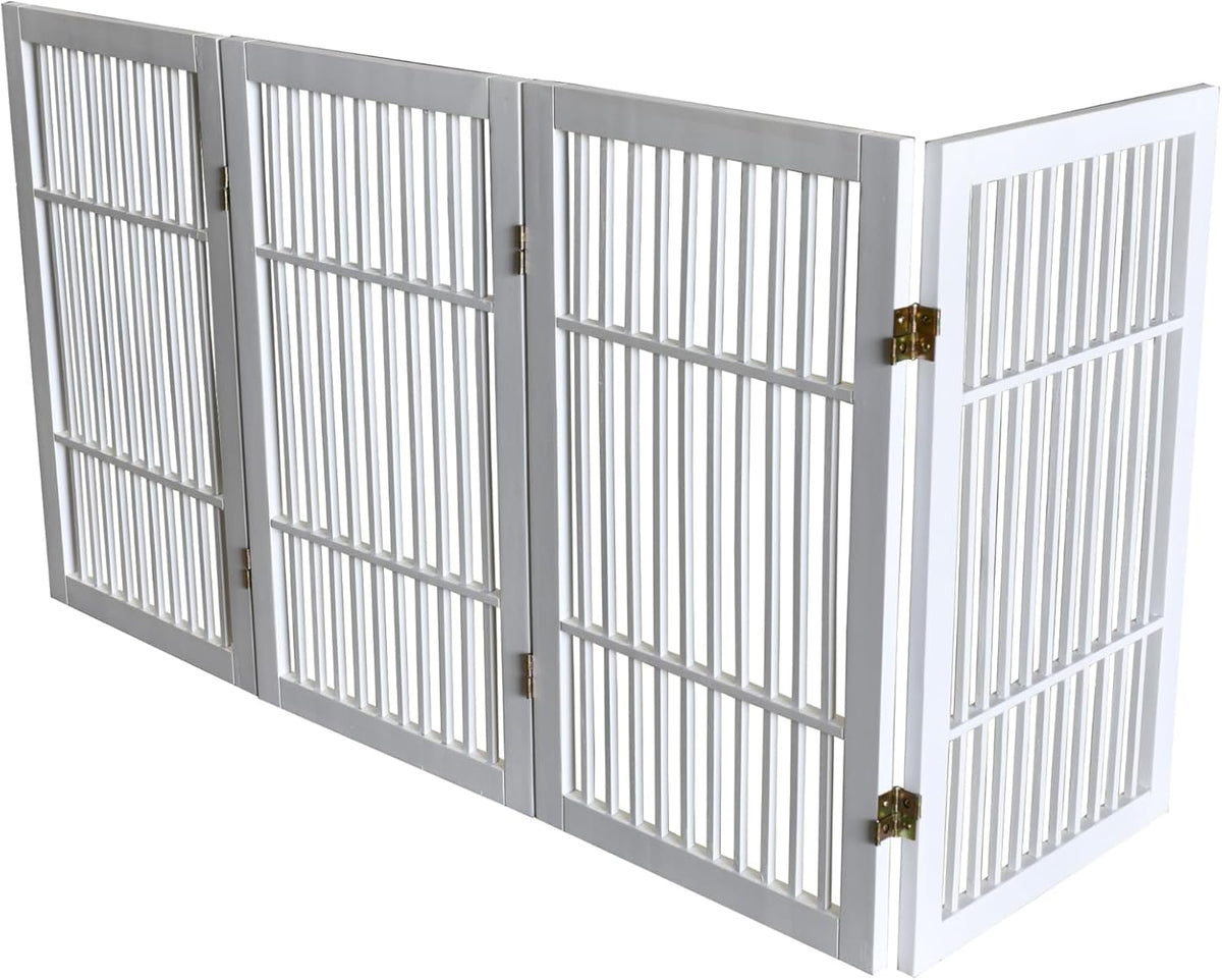 Freestanding Wooden Dog Gate Foldable Indoor Pet Gate No Drill Expandable Barrier for Doorways Stairs Hallways Portable Wood Fence for Small Dogs & Puppies (Brown Pet Gate, 4 Panel 24" Tall)