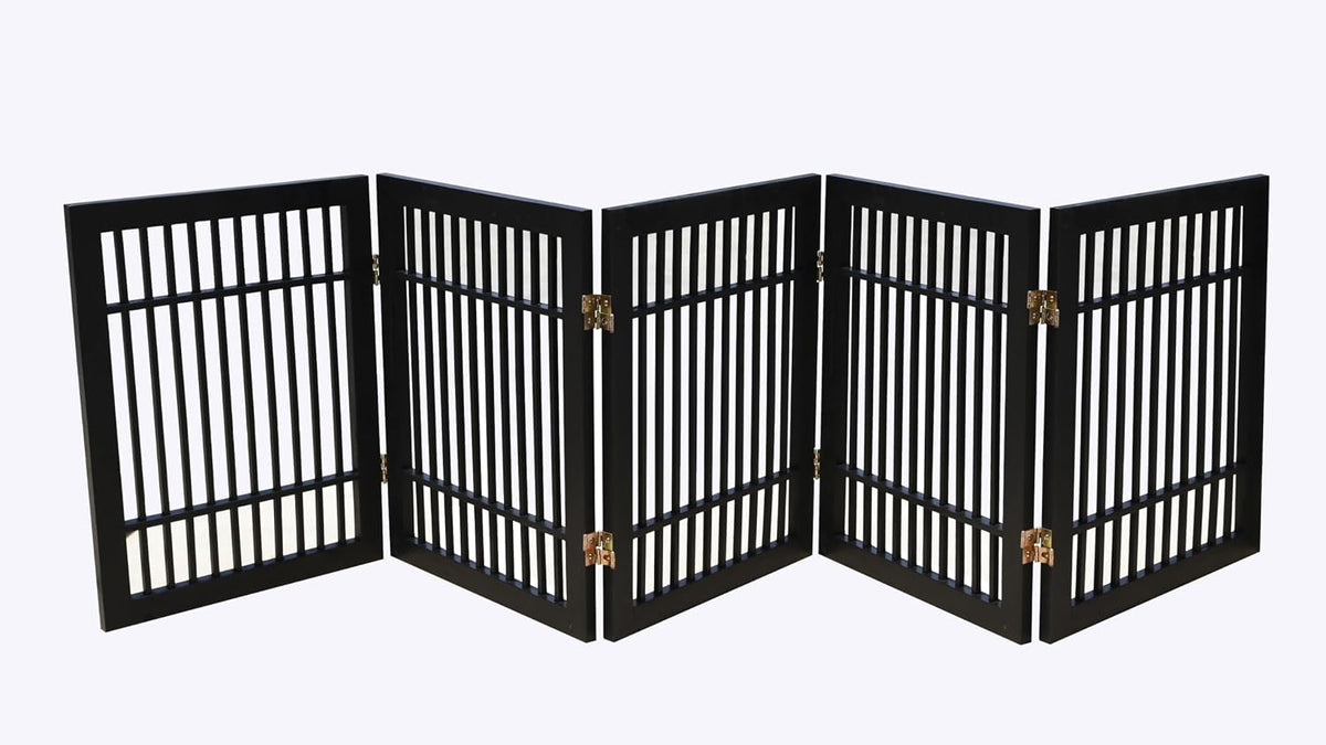 Freestanding Wooden Dog Gate Foldable Indoor Pet Gate No Drill Expandable Barrier for Doorways Stairs Hallways Portable Wood Fence for Small Dogs & Puppies (Brown Pet Gate, 4 Panel 24" Tall)
