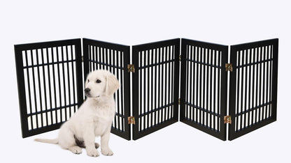 Freestanding Wooden Dog Gate Foldable Indoor Pet Gate No Drill Expandable Barrier for Doorways Stairs Hallways Portable Wood Fence for Small Dogs & Puppies (Brown Pet Gate, 4 Panel 24" Tall)