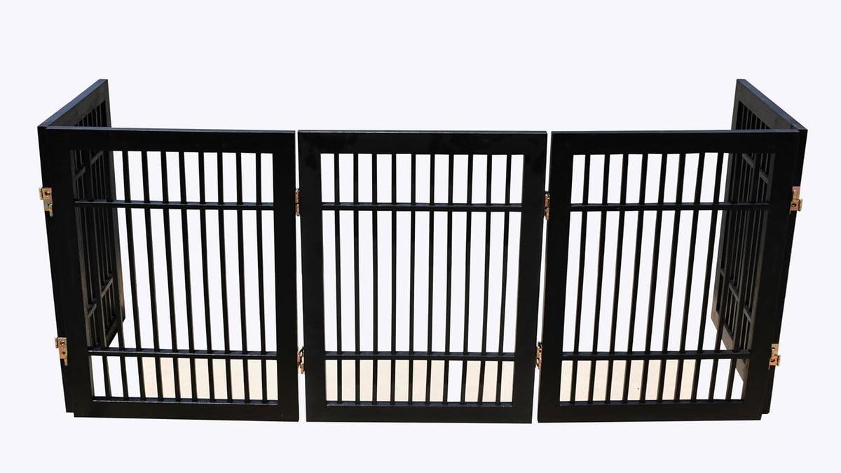 Freestanding Wooden Dog Gate Foldable Indoor Pet Gate No Drill Expandable Barrier for Doorways Stairs Hallways Portable Wood Fence for Small Dogs & Puppies (Brown Pet Gate, 4 Panel 24" Tall)