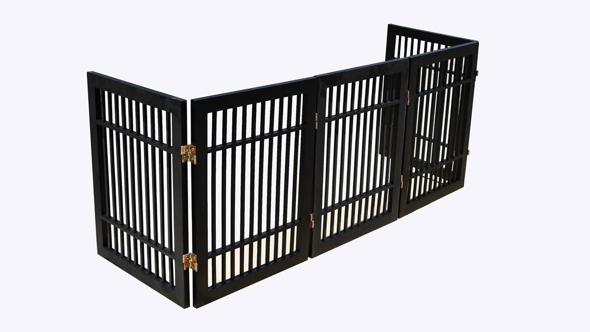 Freestanding Wooden Dog Gate Foldable Indoor Pet Gate No Drill Expandable Barrier for Doorways Stairs Hallways Portable Wood Fence for Small Dogs & Puppies (Brown Pet Gate, 4 Panel 24" Tall)