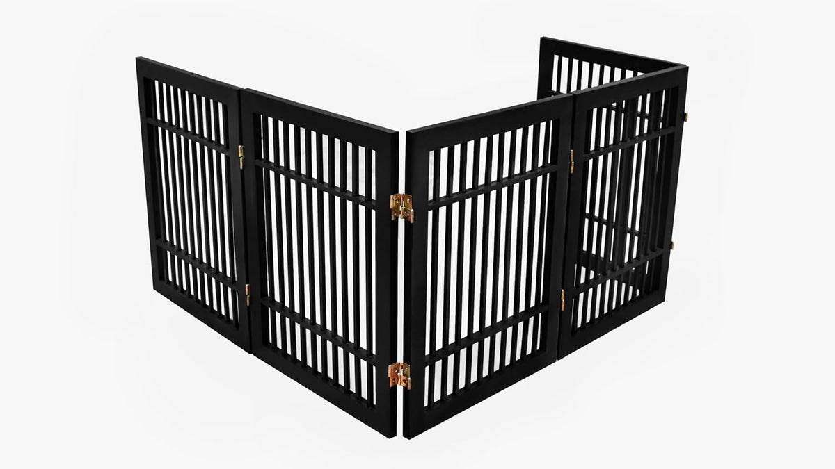 Freestanding Wooden Dog Gate Foldable Indoor Pet Gate No Drill Expandable Barrier for Doorways Stairs Hallways Portable Wood Fence for Small Dogs & Puppies (Brown Pet Gate, 4 Panel 24" Tall)