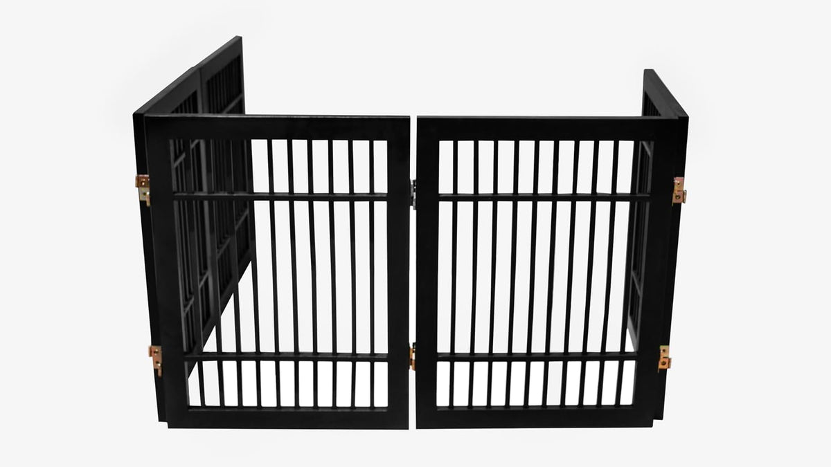 Freestanding Wooden Dog Gate Foldable Indoor Pet Gate No Drill Expandable Barrier for Doorways Stairs Hallways Portable Wood Fence for Small Dogs & Puppies (Brown Pet Gate, 4 Panel 24" Tall)