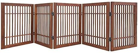 Freestanding Wooden Dog Gate Foldable Indoor Pet Gate No Drill Expandable Barrier for Doorways Stairs Hallways Portable Wood Fence for Small Dogs & Puppies (Brown Pet Gate, 4 Panel 24" Tall)