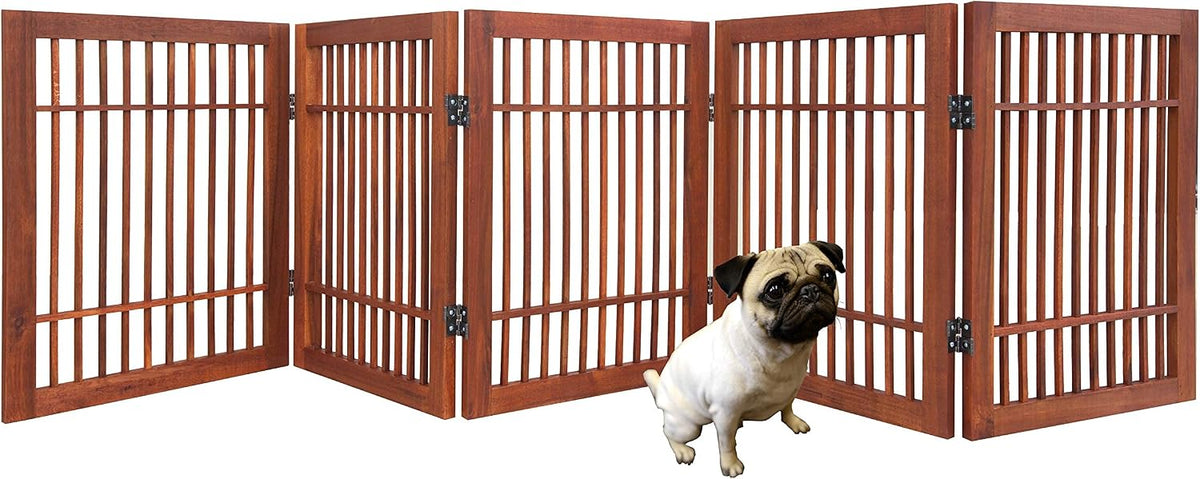 Freestanding Wooden Dog Gate Foldable Indoor Pet Gate No Drill Expandable Barrier for Doorways Stairs Hallways Portable Wood Fence for Small Dogs & Puppies (Brown Pet Gate, 4 Panel 24" Tall)