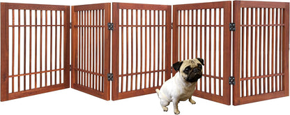 Freestanding Wooden Dog Gate Foldable Indoor Pet Gate No Drill Expandable Barrier for Doorways Stairs Hallways Portable Wood Fence for Small Dogs & Puppies (Brown Pet Gate, 4 Panel 24" Tall)