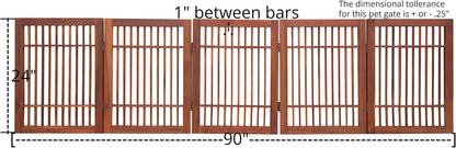 Freestanding Wooden Dog Gate Foldable Indoor Pet Gate No Drill Expandable Barrier for Doorways Stairs Hallways Portable Wood Fence for Small Dogs & Puppies (Brown Pet Gate, 4 Panel 24" Tall)