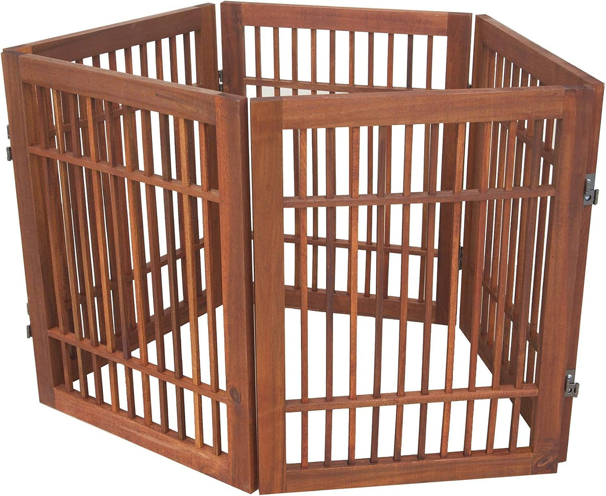 Freestanding Wooden Dog Gate Foldable Indoor Pet Gate No Drill Expandable Barrier for Doorways Stairs Hallways Portable Wood Fence for Small Dogs & Puppies (Brown Pet Gate, 4 Panel 24" Tall)