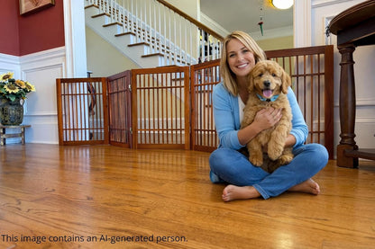 Freestanding Wooden Dog Gate Foldable Indoor Pet Gate No Drill Expandable Barrier for Doorways Stairs Hallways Portable Wood Fence for Small Dogs & Puppies (Brown Pet Gate, 4 Panel 24" Tall)
