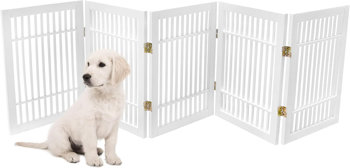 Freestanding Wooden Dog Gate Foldable Indoor Pet Gate No Drill Expandable Barrier for Doorways Stairs Hallways Portable Wood Fence for Small Dogs & Puppies (Brown Pet Gate, 4 Panel 24" Tall)