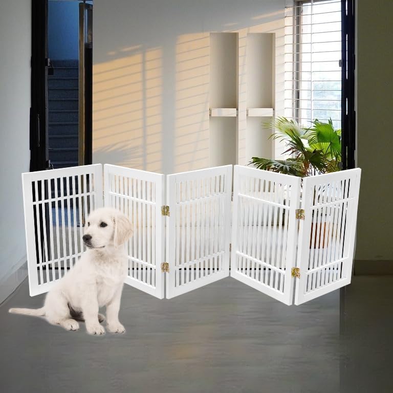 Freestanding Wooden Dog Gate Foldable Indoor Pet Gate No Drill Expandable Barrier for Doorways Stairs Hallways Portable Wood Fence for Small Dogs & Puppies (Brown Pet Gate, 4 Panel 24" Tall)
