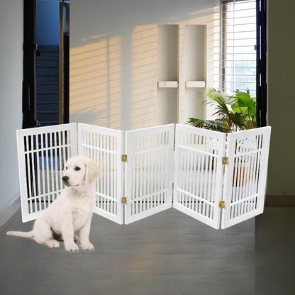 Freestanding Wooden Dog Gate Foldable Indoor Pet Gate No Drill Expandable Barrier for Doorways Stairs Hallways Portable Wood Fence for Small Dogs & Puppies (Brown Pet Gate, 4 Panel 24" Tall)