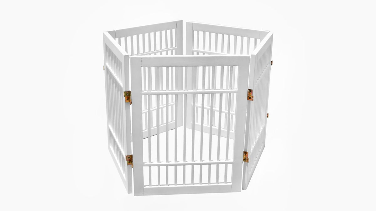 Freestanding Wooden Dog Gate Foldable Indoor Pet Gate No Drill Expandable Barrier for Doorways Stairs Hallways Portable Wood Fence for Small Dogs & Puppies (Brown Pet Gate, 4 Panel 24" Tall)