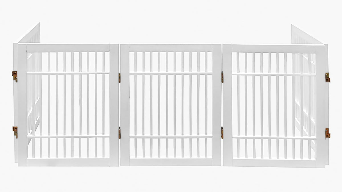 Freestanding Wooden Dog Gate Foldable Indoor Pet Gate No Drill Expandable Barrier for Doorways Stairs Hallways Portable Wood Fence for Small Dogs & Puppies (Brown Pet Gate, 4 Panel 24" Tall)