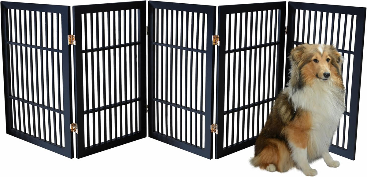Freestanding Wooden Dog Gate Foldable Indoor Pet Gate No Drill Expandable Barrier for Doorways Stairs Hallways Portable Wood Fence for Small Dogs & Puppies (Brown Pet Gate, 4 Panel 24" Tall)