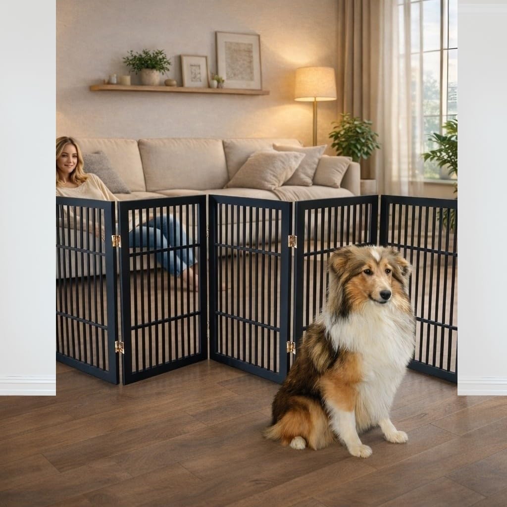 Freestanding Wooden Dog Gate Foldable Indoor Pet Gate No Drill Expandable Barrier for Doorways Stairs Hallways Portable Wood Fence for Small Dogs & Puppies (Brown Pet Gate, 4 Panel 24" Tall)
