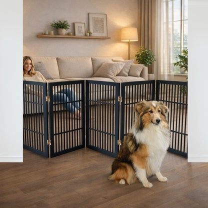 Freestanding Wooden Dog Gate Foldable Indoor Pet Gate No Drill Expandable Barrier for Doorways Stairs Hallways Portable Wood Fence for Small Dogs & Puppies (Brown Pet Gate, 4 Panel 24" Tall)