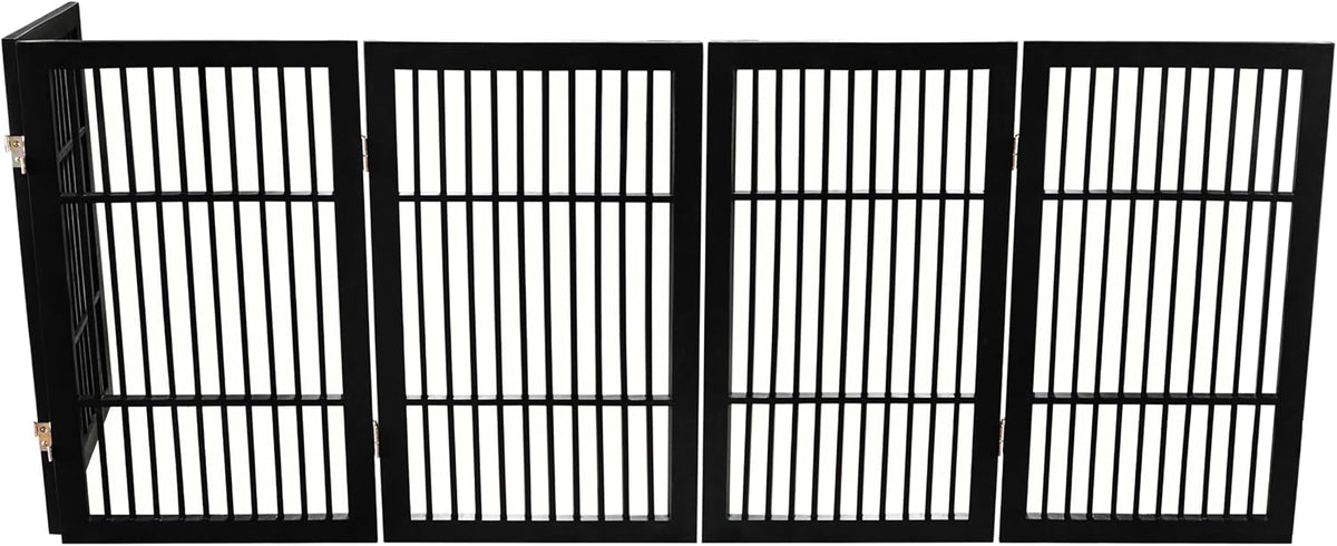 Freestanding Wooden Dog Gate Foldable Indoor Pet Gate No Drill Expandable Barrier for Doorways Stairs Hallways Portable Wood Fence for Small Dogs & Puppies (Brown Pet Gate, 4 Panel 24" Tall)