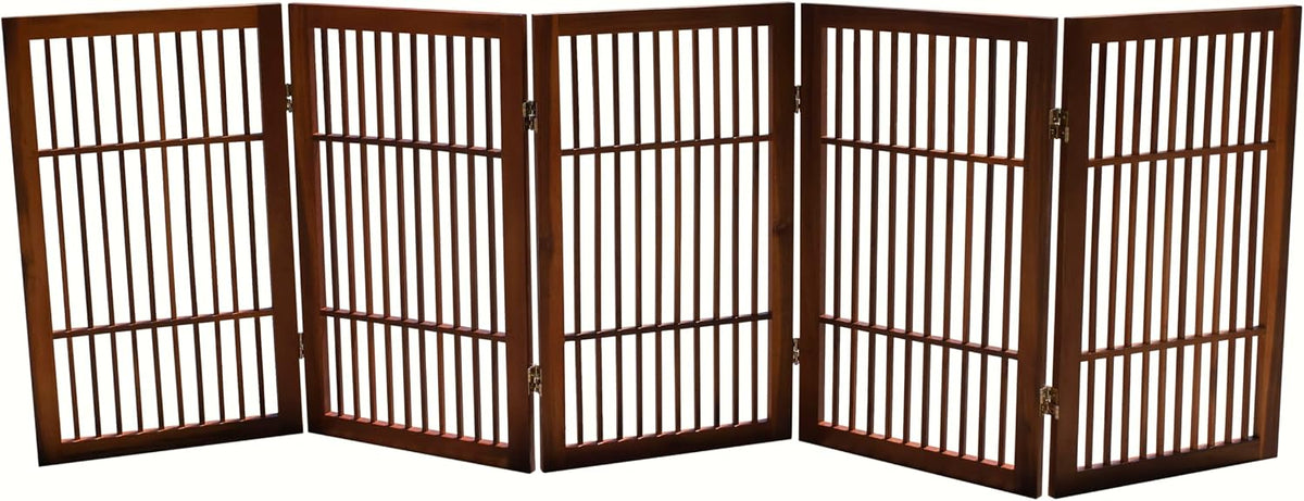 Freestanding Wooden Dog Gate Foldable Indoor Pet Gate No Drill Expandable Barrier for Doorways Stairs Hallways Portable Wood Fence for Small Dogs & Puppies (Brown Pet Gate, 4 Panel 24" Tall)