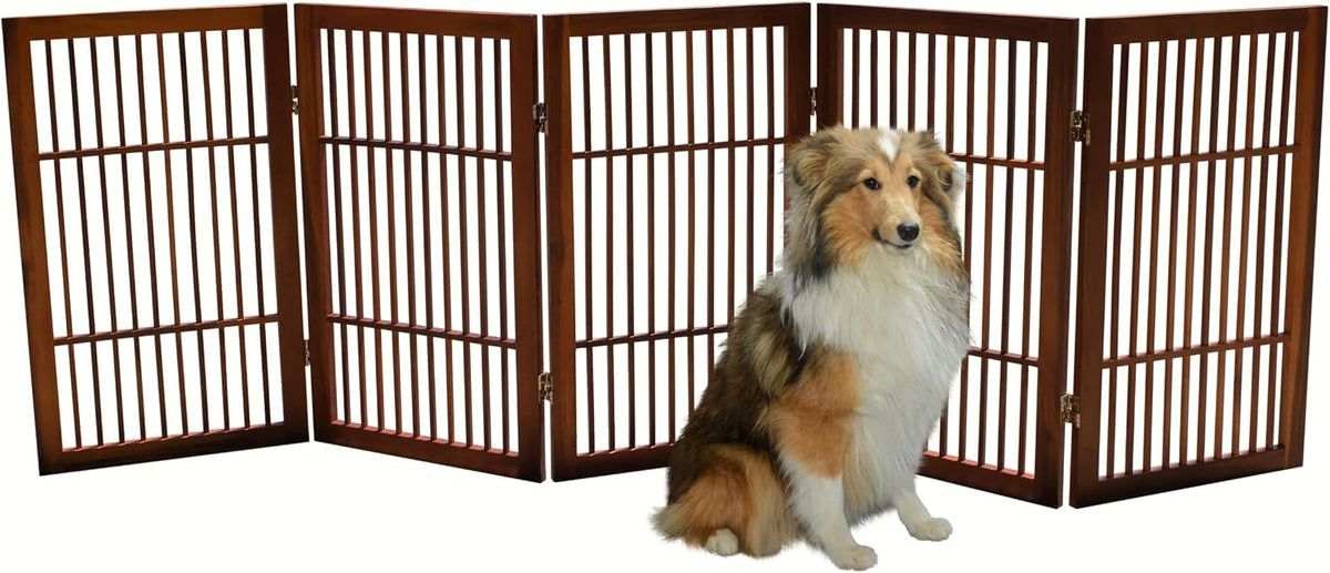 Freestanding Wooden Dog Gate Foldable Indoor Pet Gate No Drill Expandable Barrier for Doorways Stairs Hallways Portable Wood Fence for Small Dogs & Puppies (Brown Pet Gate, 4 Panel 24" Tall)