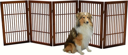 Freestanding Wooden Dog Gate Foldable Indoor Pet Gate No Drill Expandable Barrier for Doorways Stairs Hallways Portable Wood Fence for Small Dogs & Puppies (Brown Pet Gate, 4 Panel 24" Tall)