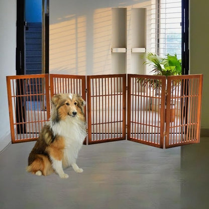Freestanding Wooden Dog Gate Foldable Indoor Pet Gate No Drill Expandable Barrier for Doorways Stairs Hallways Portable Wood Fence for Small Dogs & Puppies (Brown Pet Gate, 4 Panel 24" Tall)