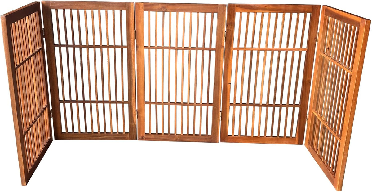 Freestanding Wooden Dog Gate Foldable Indoor Pet Gate No Drill Expandable Barrier for Doorways Stairs Hallways Portable Wood Fence for Small Dogs & Puppies (Brown Pet Gate, 4 Panel 24" Tall)
