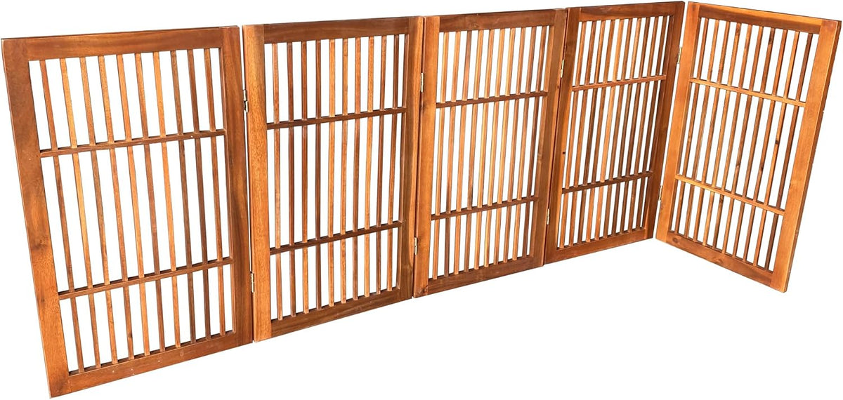 Freestanding Wooden Dog Gate Foldable Indoor Pet Gate No Drill Expandable Barrier for Doorways Stairs Hallways Portable Wood Fence for Small Dogs & Puppies (Brown Pet Gate, 4 Panel 24" Tall)