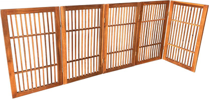 Freestanding Wooden Dog Gate Foldable Indoor Pet Gate No Drill Expandable Barrier for Doorways Stairs Hallways Portable Wood Fence for Small Dogs & Puppies (Brown Pet Gate, 4 Panel 24" Tall)