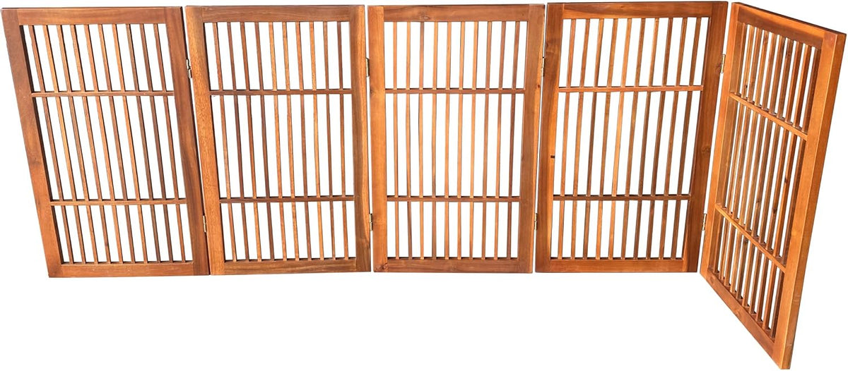 Freestanding Wooden Dog Gate Foldable Indoor Pet Gate No Drill Expandable Barrier for Doorways Stairs Hallways Portable Wood Fence for Small Dogs & Puppies (Brown Pet Gate, 4 Panel 24" Tall)